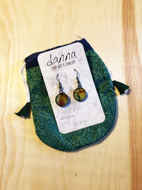 Danna Phalen Alcohol Ink Earrings: Round Green, Rust and Gold Abstract