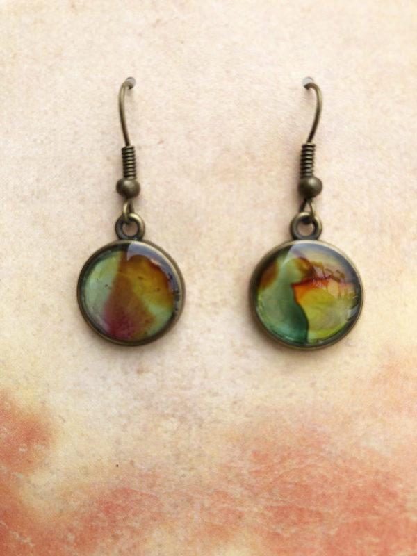 Danna Phalen Green Rust and Gold Abstract Alcohol Ink Earrings