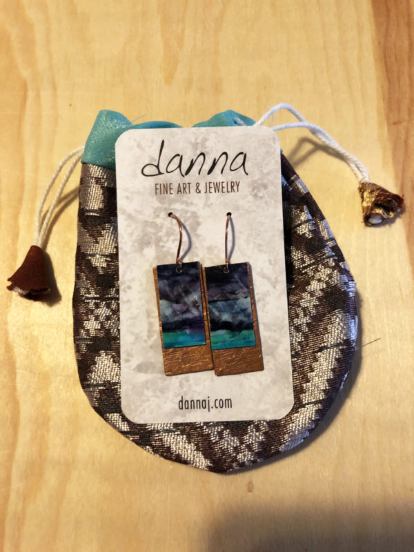 Danna Phalen Alcohol Ink Earrings with Metal: Rectangle Copper Teal and Blue Abstract