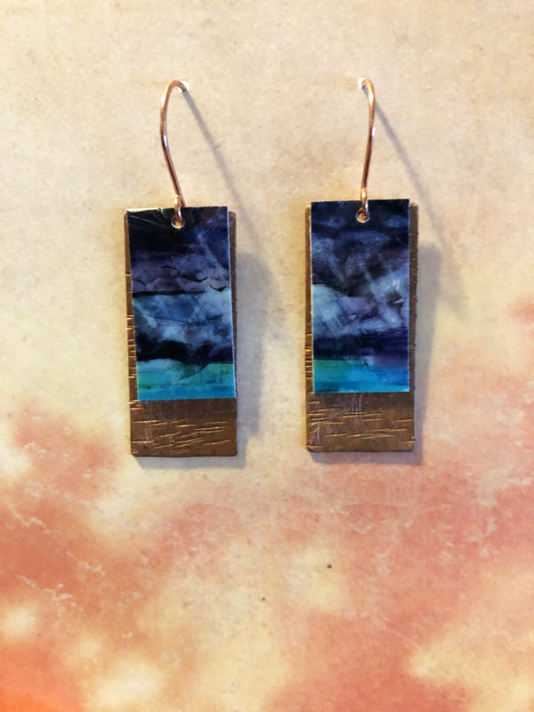 Danna Phalen Alcohol Ink Earrings with Metal: Rectangle Copper Teal and Blue Abstract